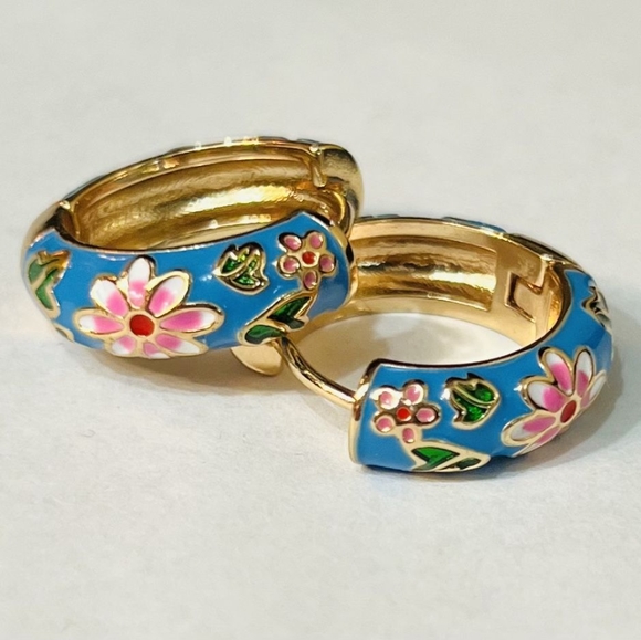 Revolve Petit Moments Art Deco Floral Enamel Mini Hoops in Blue - Picture 4 of 7